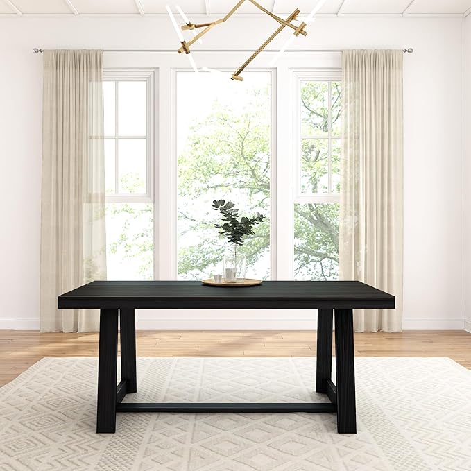 Plank+Beam 72" Farmhouse Dining Table and 60" Farmhouse Dining Bench, Solid Wood, Black Wirebrush Finish, Seats 6, Easy Assembly