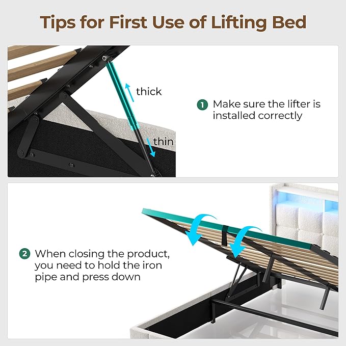 Rolanstar Bed Frame Queen Size with Lift Up Storage, Charging Station & LED Lights, Upholstered Storage Headboard, Heavy Duty Wooden Slats, No Box Spring Needed, Noise Free, Easy Assembly, Beige