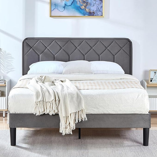 VECELO Queen Size Bed Frame Premium Velvet Upholstered Platform with Height Adjustable Headboard/Mattress Foundation, Solid Wooden Slat Support, No Box Spring Needed/Easy Assembly