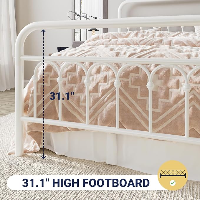 Allewie 14 Inches King Size Metal Platform Bed Frame with Victorian Style Curved Iron-Art Headboard/Footboard, Metal Slats Support, Easy Assembly, Under Bed Storage, No Box Spring Required, White