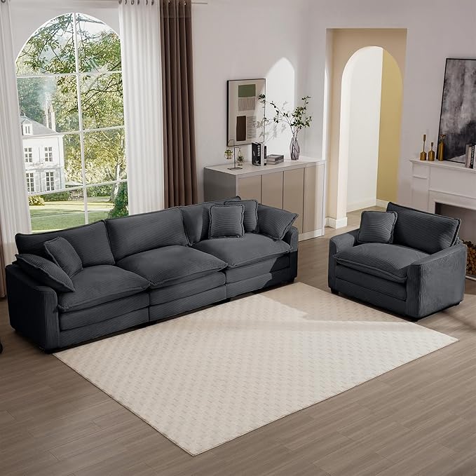 KEIKI 2-Piece Sofa Set with 1 Oversized Corduroy 3-Seater Sofa & 1 Single Sofa, Upholstered 4-Seater Couch Set with 6 Pillow, High-Density Foam Cushions, Removable Armrests, for Living Room, Grey