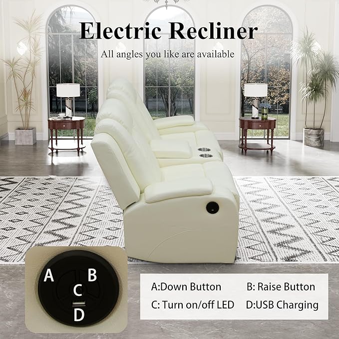 Power Recliner Sofa and Loveseat Set, Breathing Leather Living Room Set, 2 Piece Reclining Couch Set with LED Lighting/Cup Holders/Storage/USB Port (Cream White)