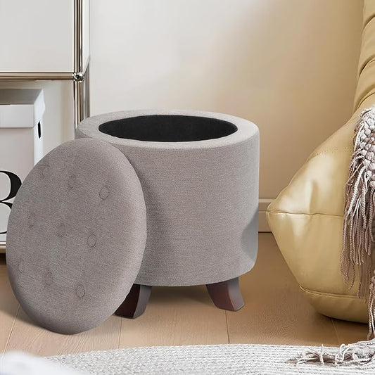 Athena Collection 15 Inch Small Ottoman with Storage, Round Linen Fabric Storage Ottoman Foot Rest with Removable Lid, Multipurpose Footstool Footrest for Living Room, Bedroom, Dorm, Khaki