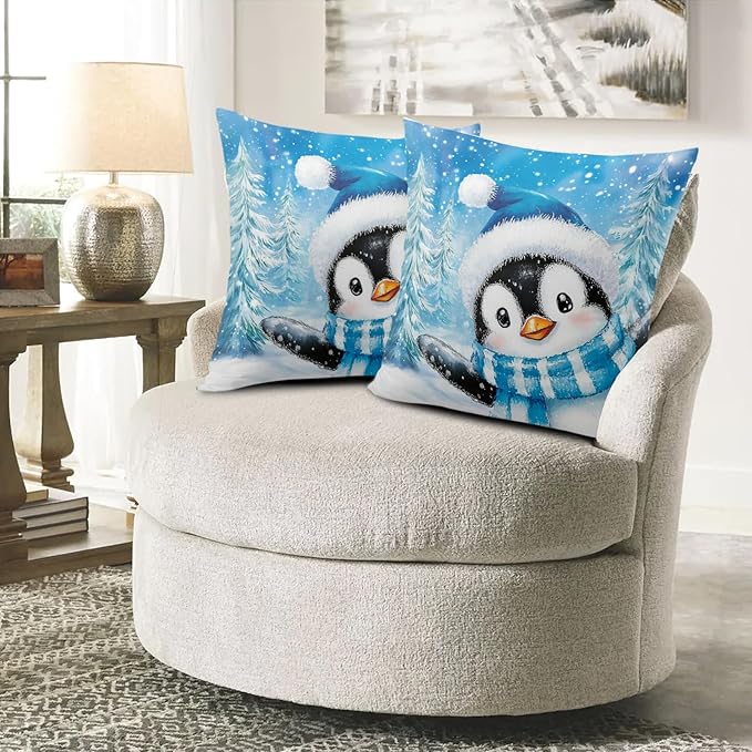 Blue Penguin Throw Pillow Covers 20x20 Lovely Penguins Snowman Winter Outdoor Pillow Cases Set of 2 Christmas Farmhouse Cushion Cases Winter Holiday Cotton Pillowcases for Home Couch Sofa