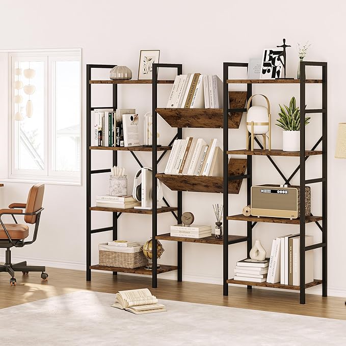 GAOMON Triple Wide 4 Tier Book Shelf, 54.3” Large Bookcase with 11 Open Shelves, Industrial Bookshelves and Bookcases with Metal Frame for Home Office, Study Room, Living Room-Rustic Brown