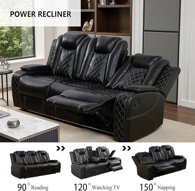 Power Recliner Sofa Set with LED, Breathing Leather Living Room Set 3 Piece, Reclining Couch and Two Chair with USB Port&Storage Console (Black)