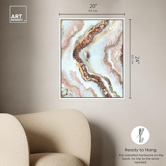 Art Remedy Blush Geode Framed Mineral, Agate & Geode 1 Piece Canvas Wall Art, 21" x 25", White Frame