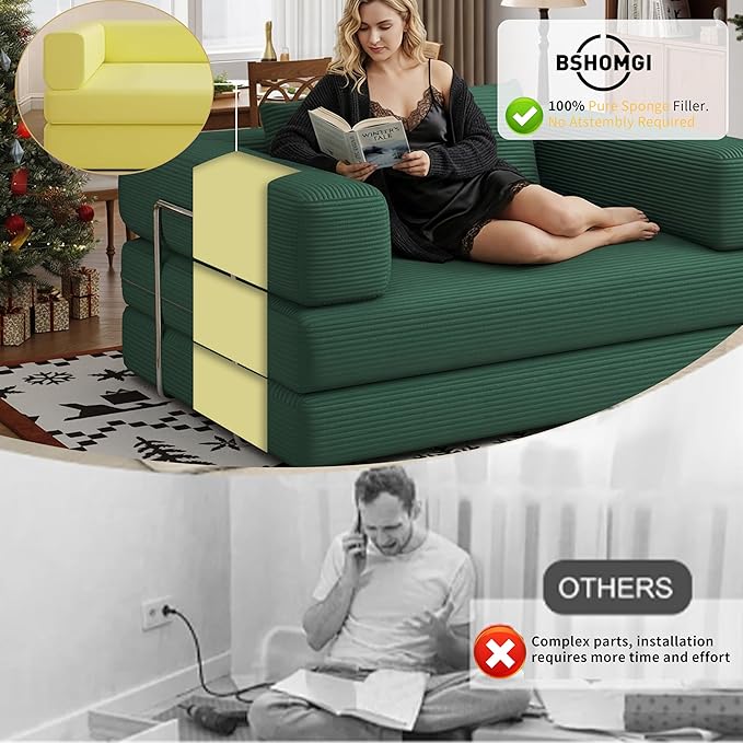 BSHOMGI Folding Sofa Bed Convertible Corduroy Couch Queen Size Floor Sleeper 4-in-1 DIY Combination Modular Lazy Sofas Fold Futon Lounge for Living Room (Green, 53.15" Double Sofa)