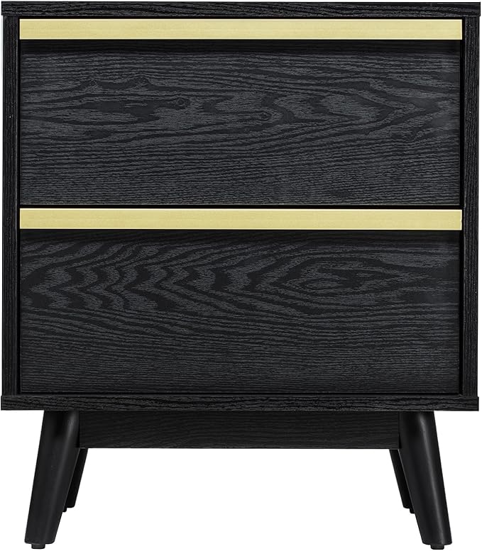 SANGO Cortland 2-Drawer Nightstand, Modern Black Wood Bedside Table with Brass Handle, Wooden Legs, Sleek Mid-Century Design, Elegant Storage for Contemporary Homes