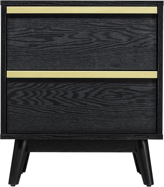 SANGO Cortland 2-Drawer Nightstand, Modern Black Wood Bedside Table with Brass Handle, Wooden Legs, Sleek Mid-Century Design, Elegant Storage for Contemporary Homes