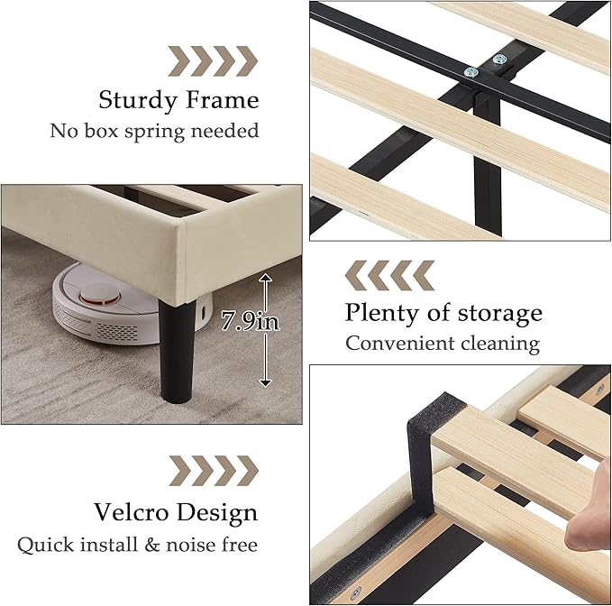VECELO Queen Size Bed Frame Premium Velvet Upholstered Platform with Height Adjustable Headboard/Mattress Foundation, Solid Wooden Slat Support, No Box Spring Needed/Easy Assembly