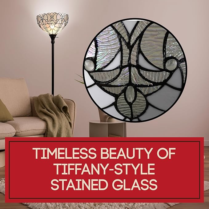 Amora Tiffany Floor Lamp Torchiere - Stained Glass Lamp 72” in White Mahogany - Custom Handcrafted Floor Lamps for Living Room