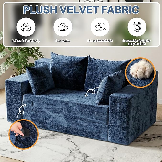 Boneless Loveseat Sleeper Sofa Bed, 3-in-1 Convertible Sofa Bed and Floor Futon Couch (Velvet-Blue, Loveseat (55"))