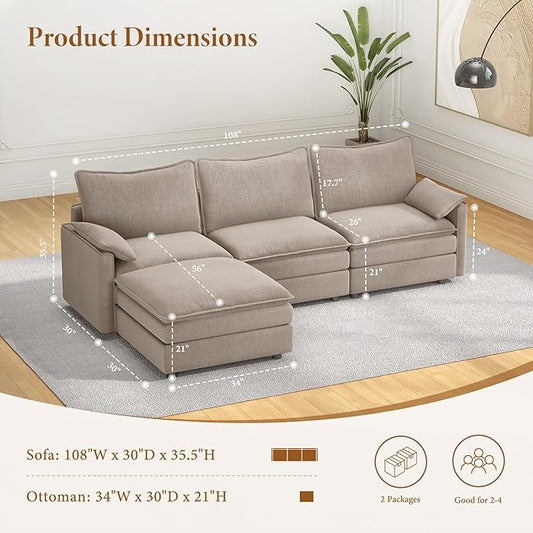 Vesgantti 108" Modular Sectional Sofa, Comfy Cloud Couch with Movable Ottoman Deep Seat Chenille L Shaped Modular Sofa, Sectional Couches for Living Room, Bedroom and Apartment, Light Brown | Sink-in Comfort, Height Adjustable, Easy Rearrangement, Extr...