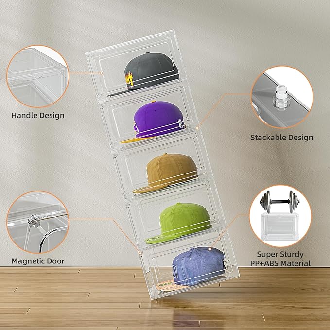Hat Organizer Box for Baseball Caps, 4 Pack Clear Plastic Hat Storage Box Display Case with Magnetic Door, Hat Rack Holder for Closet, Snapback Organizer, Hold 8 Cap Each
