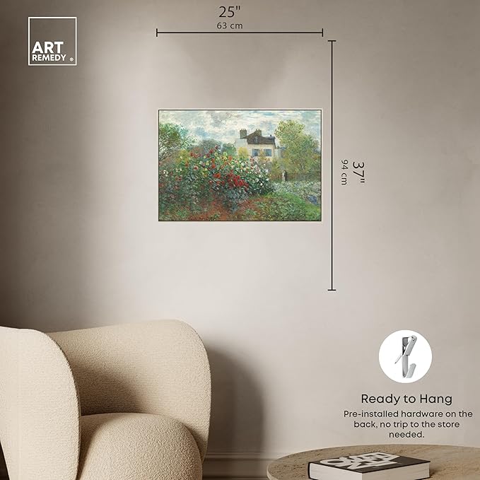 Art Remedy Monet-Garden With Dahlias Impressionism Classic Landscape Paintings Canvas Wall Art, Silver Floater Frame, 24"x36"