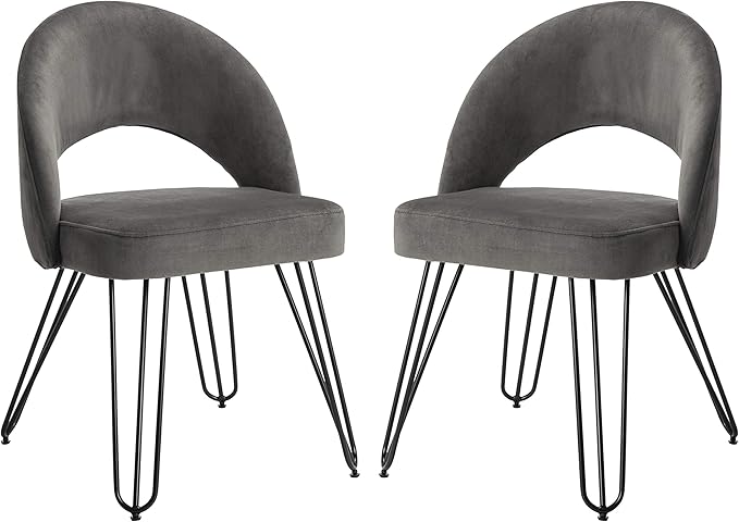 Safavieh Home Jora Retro Dark Grey Velvet and Matte Black Side Chair, Set of 2