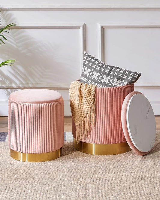 IBUYKE Round Storage Ottoman Set of 2 Ottoman for Dorm Vanity Stool with Storage Velvet FootStools End Table Boucle Ottoman for Home Organization Pink UWBD016P