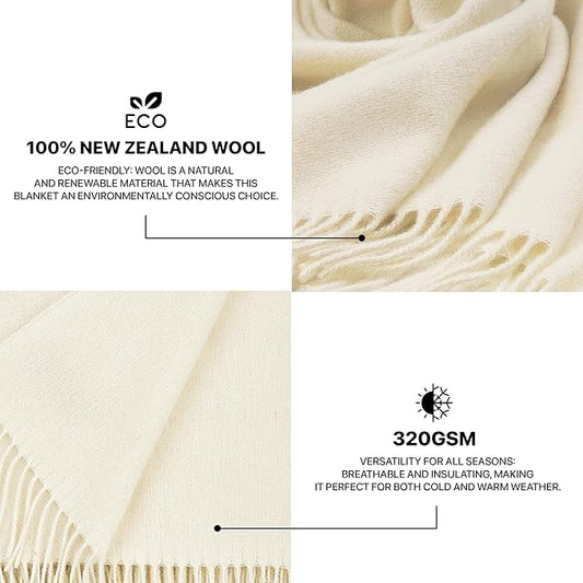| Wool Blanket/Throw | 100% New Zealand Wool | Perfect for Home and Outdoors | Virgin Wool Throw with Fringes 75"x87" (190 x 220 cm)