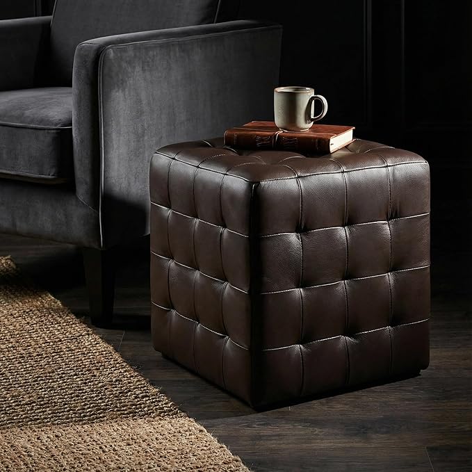 Cortesi Home Charli Tufted Cube Ottoman in 100% Genuine Leather, Brown