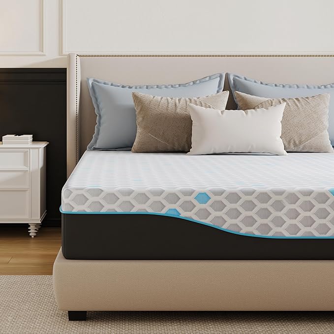 EGOHOME 10 Inch Full Mattress, Charcoal Gel Cooling Memory Foam Mattress in a Box, Medium Fiberglass Free Mattresses, CertiPUR-US Certified, Hexagonal Pattern