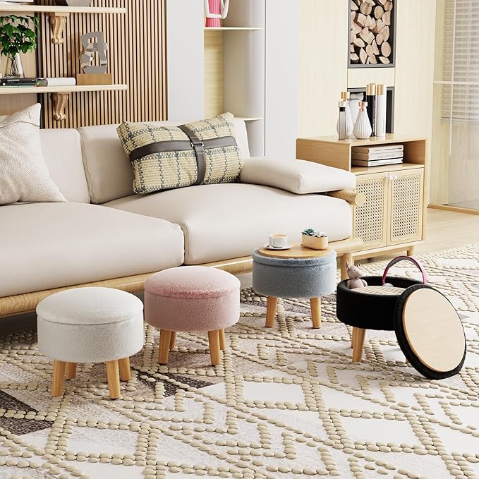 Poofzy Small Ottoman with Storage, Small Foot Stool Ottoman with Wood Legs, Faux Fur Foot Rest for Couch, Living Room and Bedroom - Pink