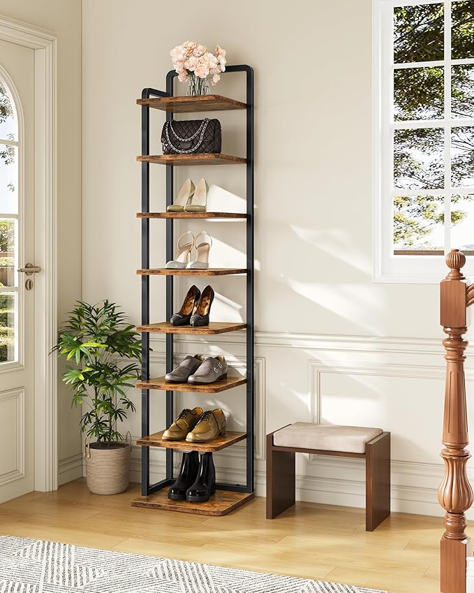 8-Tier Vertical Shoe Rack, Narrow Shoe Tower, Corner Shoe Storage Organizer, Shoe Shelf, for Small Spaces, Industrial Style, for Entryway, Hallway, Living Room, Rustic Brown and Black TXJ08BF