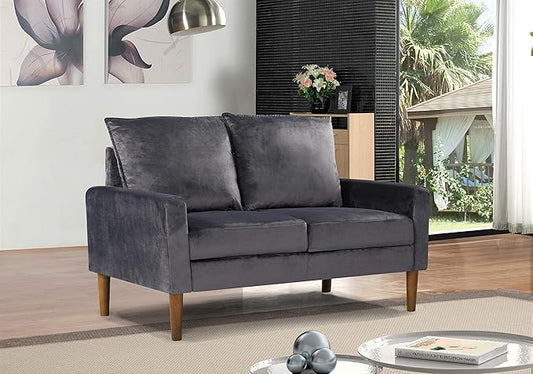 Container Furniture Direct Petit Mid Century Modern Velvet Loveseat for Small Spaces, Upholstered 2 Seater Couch for Living Room and Bedroom, Easy Assembly, Silverish Grey