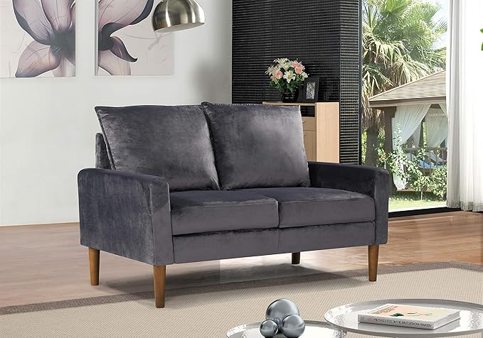 Container Furniture Direct Petit Mid Century Modern Velvet Loveseat for Small Spaces, Upholstered 2 Seater Couch for Living Room and Bedroom, Easy Assembly, Grey
