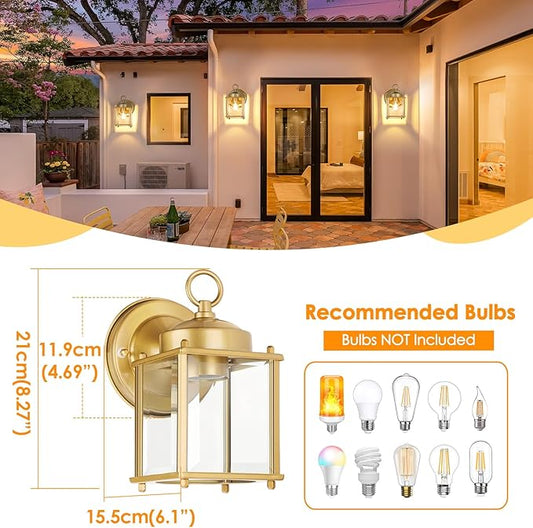 Outdoor Wall Lantern, Exterior Waterproof Wall Sconce Light Fixtures, Gold Front Door Lighting with Clear Beveled Glass Shade, 2 Pack