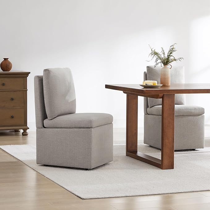 Upholstered Dining Chairs with Casters, Modern Dining Room Chairs Set of 2 with Hidden Storage & 4 Wheels, Single Sofa Chair for Kitchen, Reading Room, Waiting Room, Khaki