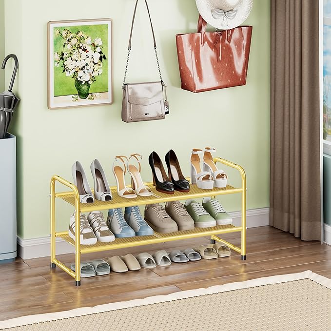 SUFAUY 2 Tier 33" Wide Shoe Rack Closet Metal Mesh, Stackable, Gold