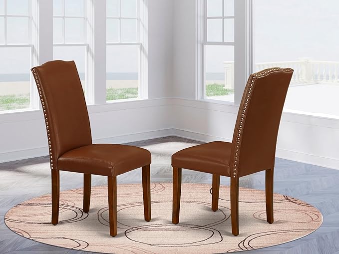 East West Furniture ENP3T66 Encinal Parsons Dining Chairs - Nailhead Trim Brown Faux Faux Leather Upholstered Chairs, Set of 2, Mahogany