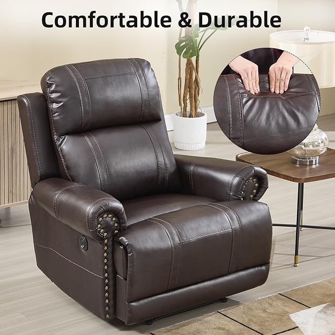 EBELLO Faux Leather Electric Reclining Chair, Power One Seat Sofa with USB and Type-C Charging Ports, Vintage Rivet Design for Small Living Room, Bedroom and Meeting Room, Brown