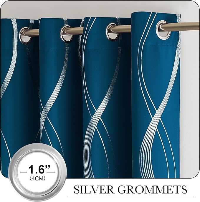 NICETOWN Moroccan Blue Blackout Curtains 84 inch Long for Living Room, Art Decor Scandinavian Style for Festival Wave Line Foil Print Design Drapes for Wall Cover, W52 x L84, 2 Panels