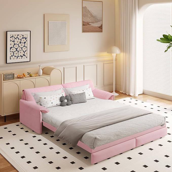Ball & Cast 63.8" Convertible Sleeper Sofa,3-in-1 Queen Pull Out Couch with Side Pockets,Multi-Functional Velvet Loveseat Bed for Living Room,Bedroom,Apartment,Office,Pink