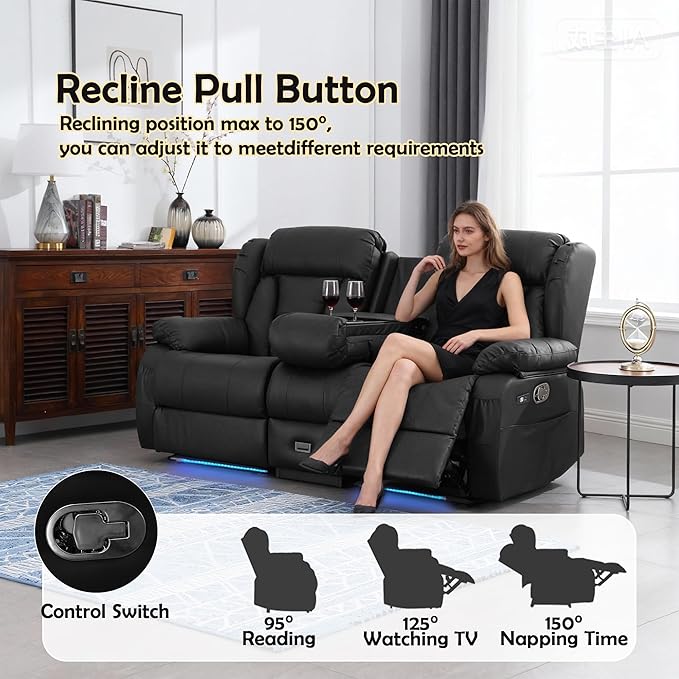 72.8" Loveseat Recliner Sofa, Manual Reclining Couch with Console, AC Outlet & USB-A/USB-C Ports, Wall Hugger RV Sofa for Living Room & Home Theater with Cup Holders (Black Console with LED)