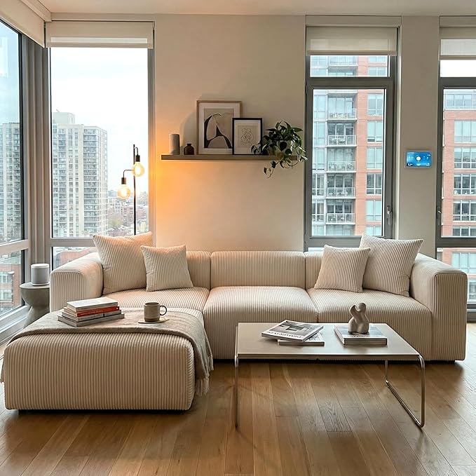 Acanva Convertible Modular Sectional Sofa with Movable Ottomans, Free Combination Corduroy Couch for Living Room Apartments, L-Shaped, White