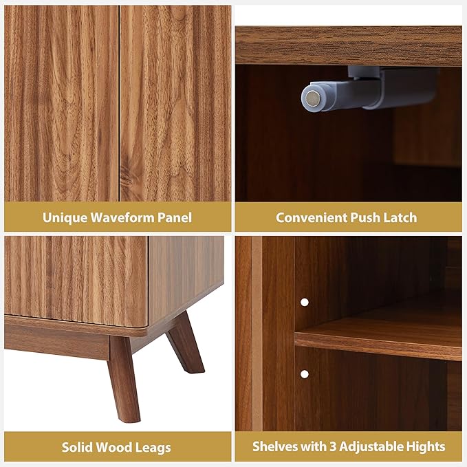 Fluted Sideboard Storage Cabinet with 3 Doors and Shelves, Mid Century Modern Accent Buffet Cabinet with Storage, Credenza Sideboard Buffet for Kitchen, Dining Room, Entryway, Under TV - Walnut