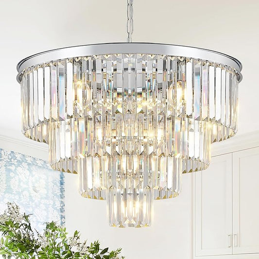 Modern Chrome Crystal Chandeliers 24” Luxury Chandeliers 4-Tier 12 Lights K9 Crystal Round Ceiling Pendant Light Fixture Contemporary for Living Dining Room Foyer Staircase Bedroom