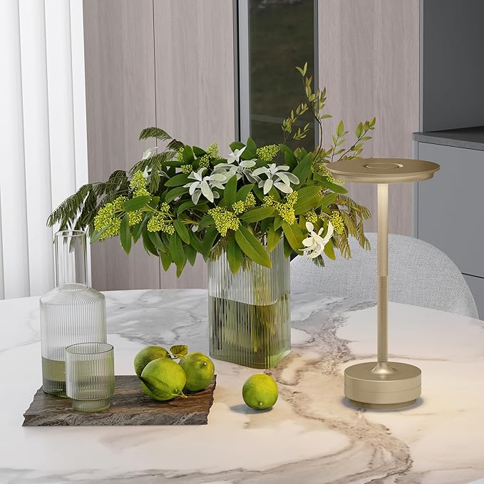 1 Pack Rechargeable Table Lamps Cordless, Portable 5000mAh Outdoor Table Light, 3 Color Stepless Dimming LED Table Lamp with Memory Function, for Home/Dinner/Patio/Restaurant.(Champagne Gold)
