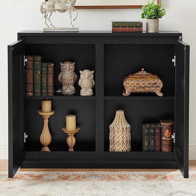 Ball & Cast 39" Narrow Sideboard Cabinet with Storage, Mid Century Modern Buffet Credenza Cabinet w/Fluted Doors & 2 Outlet Holes,for Living Room,Dining Rooms, Entryway, Kitchen Coffee Bar, Black