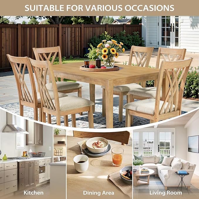 7-Piece Solid Wood Dining Table Set with 6 Upholstered Chairs, 60" L x 36" W Space Saving Dinner Table & Chairs Set, Dining Table Set for Dining Room, Kitchen, Restaurant, Natural Wood Color