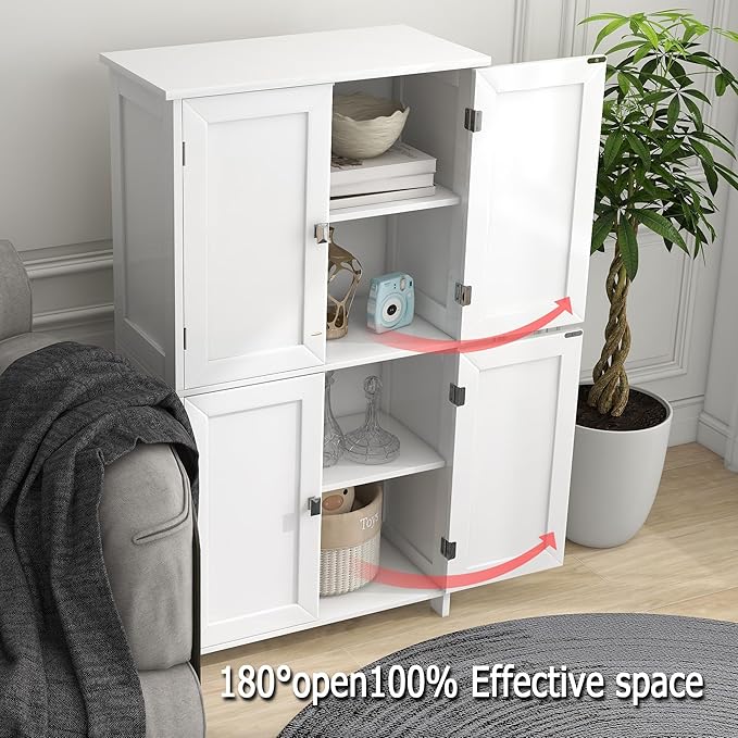 TaoHFE 2 Tier White Bathroom Storage Cabinet,Wood Bathroom Cabinets Freestanding with 4 Door Organizers Storages with Adjustable Shelves, Storage Cabinet for Living Room,Laundry Room,White