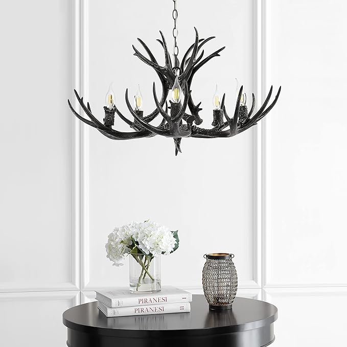 JONATHAN Y 26" Black Rustic Resin Antler 4-Light LED Chandelier, Farmhouse Faux Deer Horn Hanging Ceiling Light for Dining Room, Kitchen Island, Adjustable Light Fixture (JYL6300C)