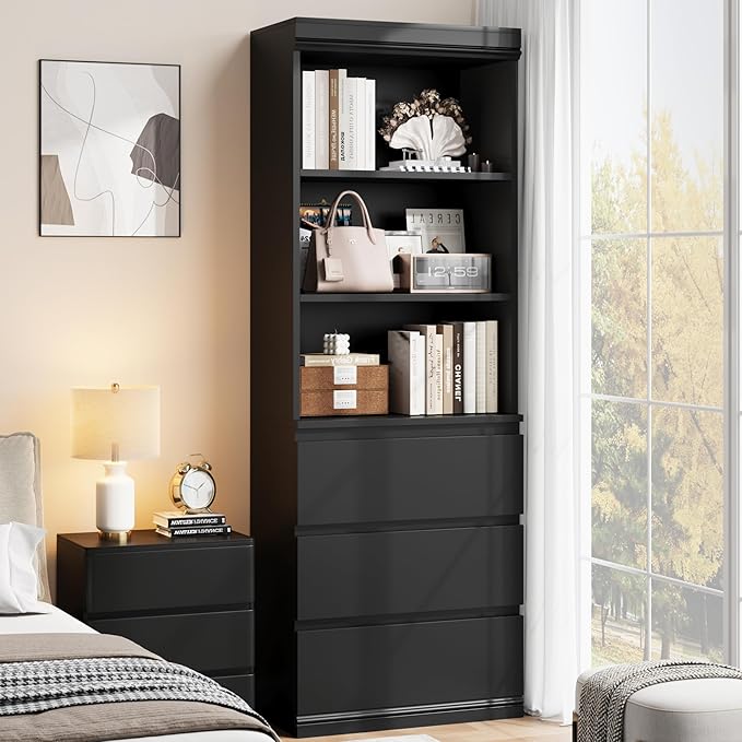 IDEALHOUSE 70" H Bookcase with 3 Storage Drawers,Tall Bookshelf w/ 3-Tier Open Shelf, Morden Storage Bookcase Wooden Deep Bookshelves Storage Cabinet Organizer for Library Office Living Room (Black)