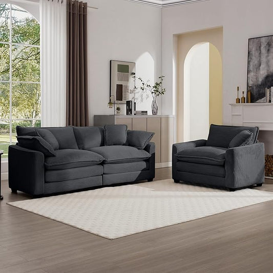 KEIKI 2-Piece Sofa Set with 1 Oversized Corduroy Loveseat Sofa & 1 Single Sofa, Upholstered 3-Seater Couch Set with 5 Pillow, High-Density Foam Cushions, Removable Armrests, for Living Room, Grey