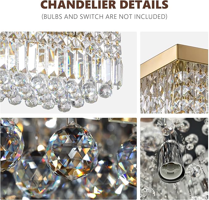 Crystal Chandeliers,6-Lights Gold Rectangular Chandelier,Crystals Pendant Light Fixture for Dining Living Room Kitchen Dining Room Bedroom Bathroom Hotel