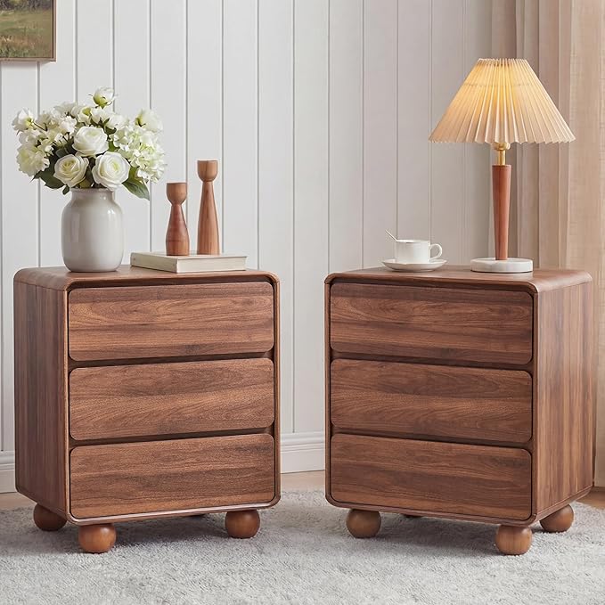 AVZEAR Set of 2 Modern 3 Drawer Dresser for Bedroom, Wooden Dresser Chest of Drawers, Handle Free & Curved Profile Design, Mid Century 3 Drawer Nightstand for Living Room, Walnut
