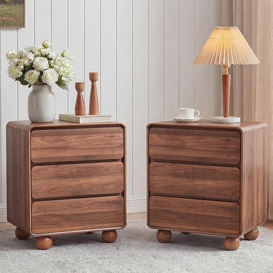 AVZEAR Set of 2 Modern 3 Drawer Dresser for Bedroom, Wooden Dresser Chest of Drawers, Handle Free & Curved Profile Design, Mid Century 3 Drawer Nightstand for Living Room, Walnut
